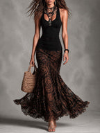 Rita | Conjunto de Top Negro y Falda Larga Estampada