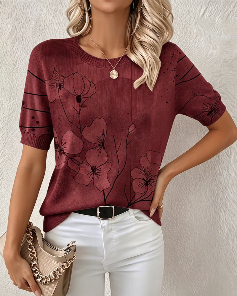 Short-sleeve crew neck printed blouse