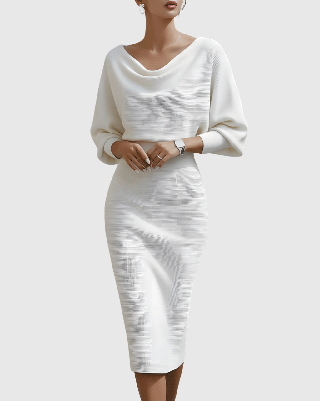 Patricia | Vestido Midi Blanco Drapeado con Manga Murciélago