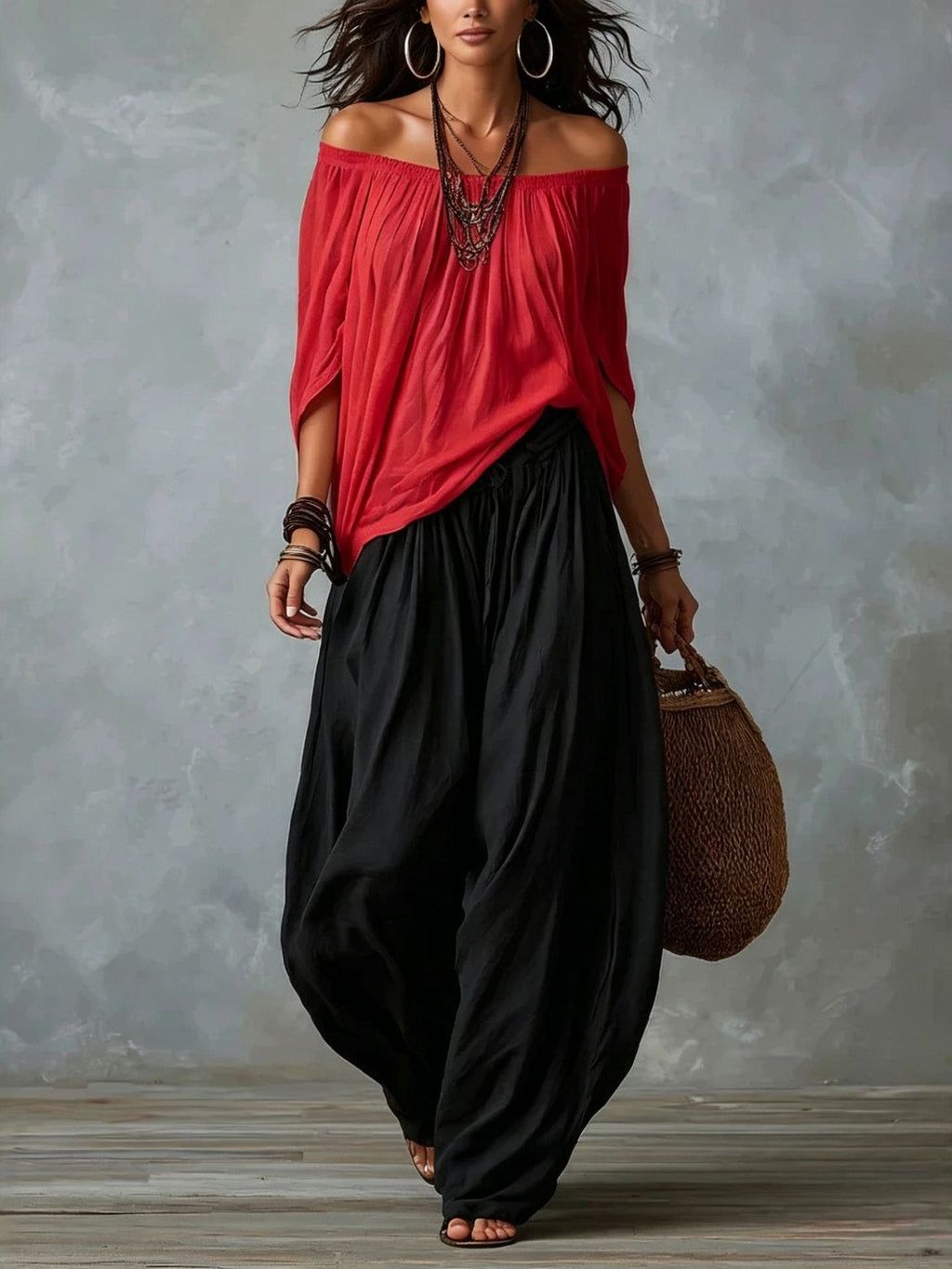 Luisa | Conjunto de Top con Hombros Descubiertos y Pantalón Ancho