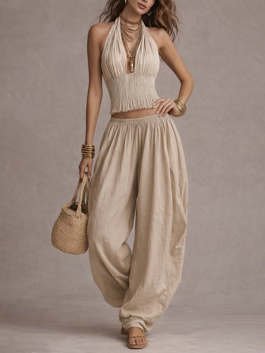 Lucía | Conjunto de Top Halter y Pantalón Ancho de Algodón y Lino
