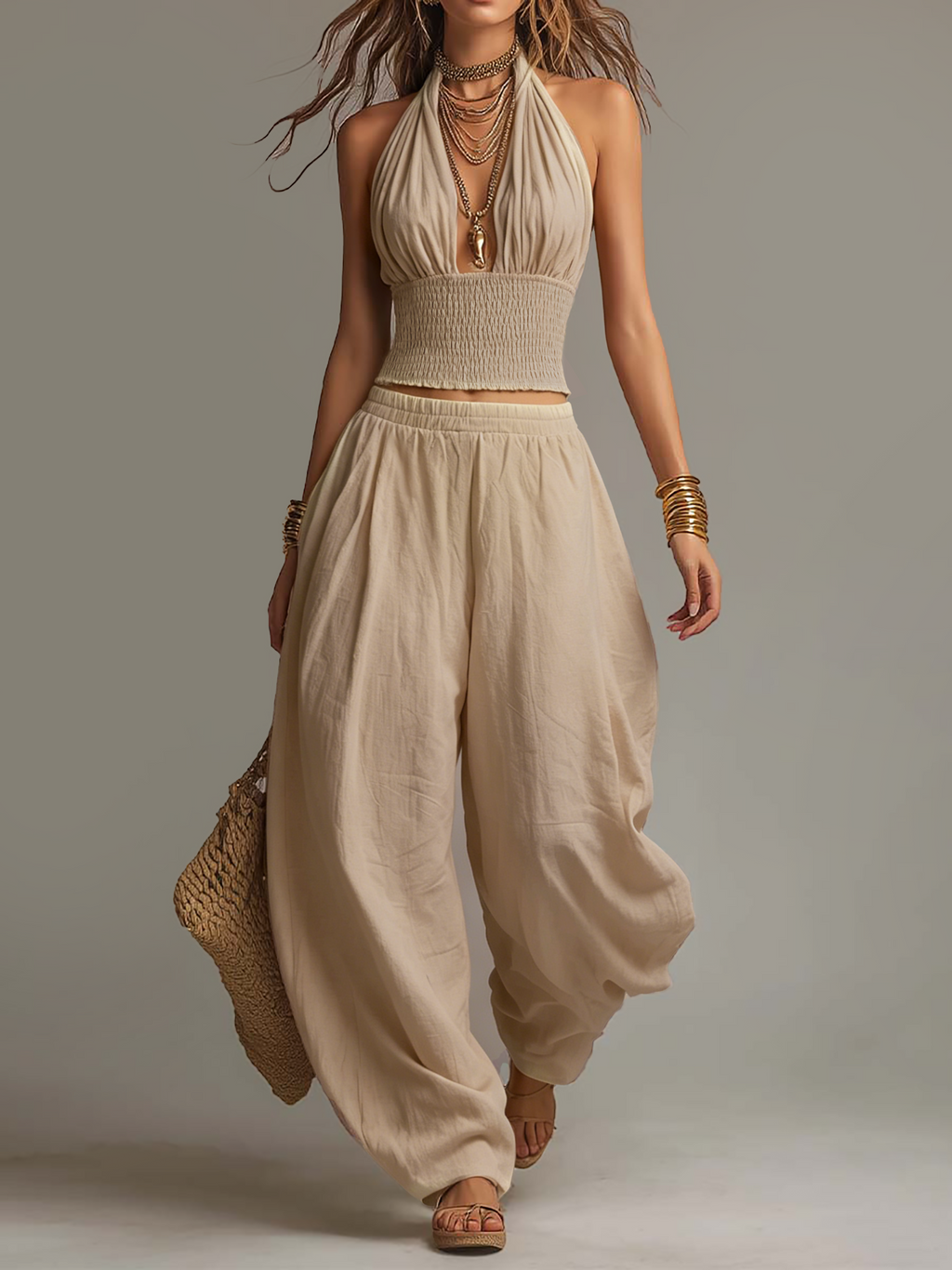 Lucía | Conjunto de Top Halter y Pantalón Ancho de Algodón y Lino