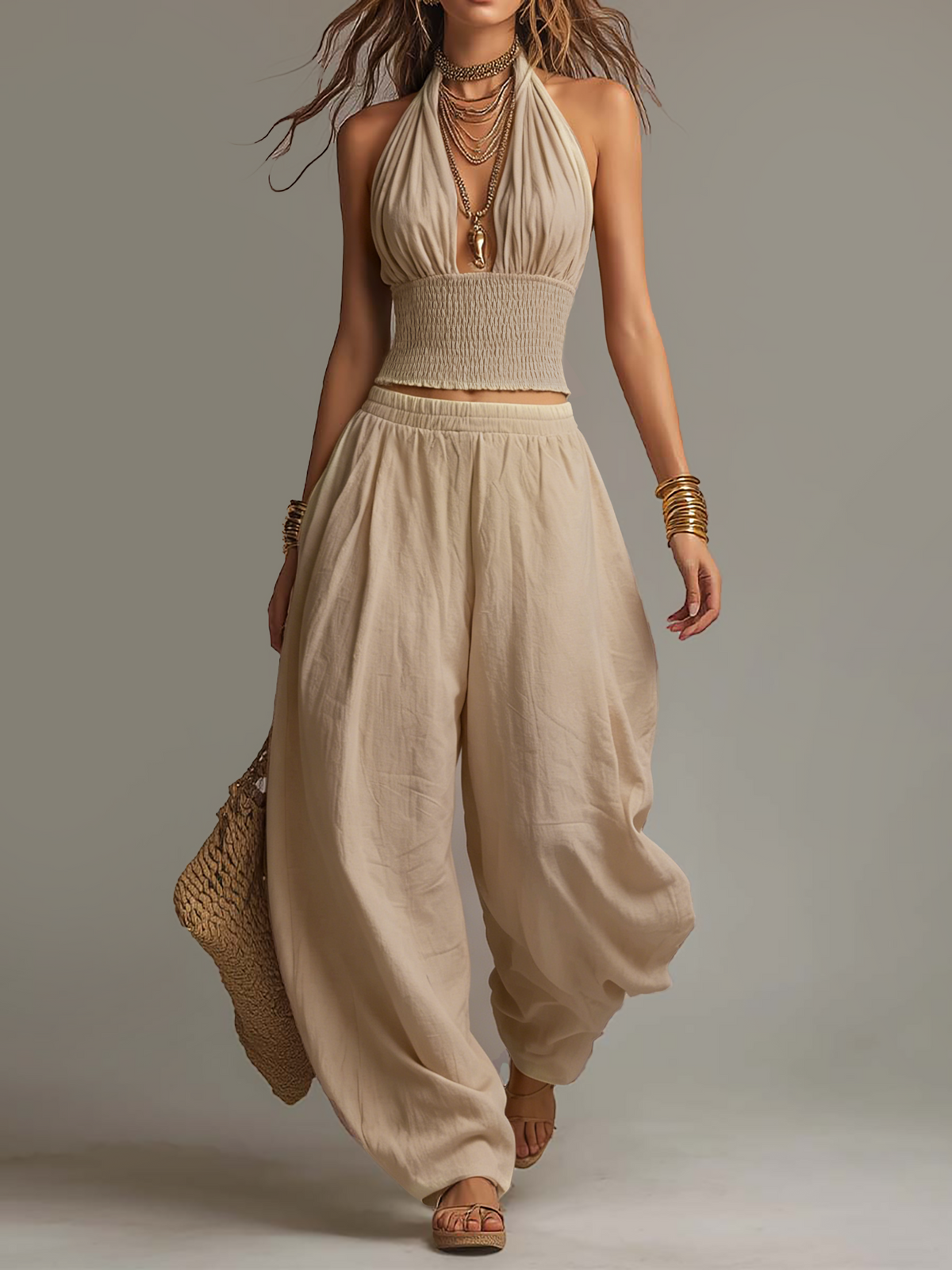 Lucía | Conjunto de Top Halter y Pantalón Ancho de Algodón y Lino