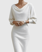 Patricia | Vestido Midi Blanco Drapeado con Manga Murciélago