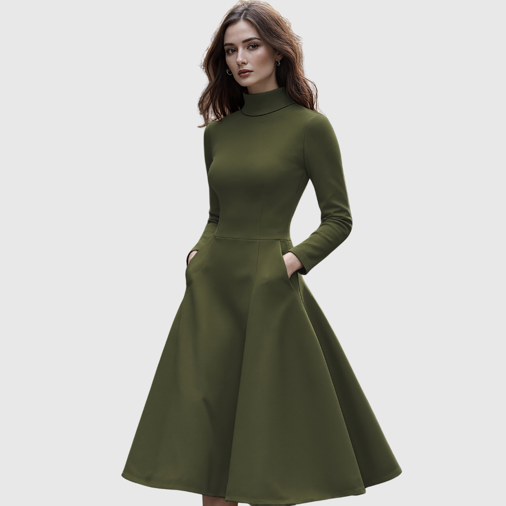 Celia | Vestido Evasé de Cuello Alto y Manga Larga