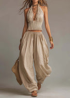 Lucía | Conjunto de Top Halter y Pantalón Ancho de Algodón y Lino