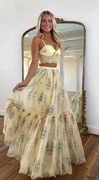 Amaranta | Conjunto de Corsé de Encaje y Falda Larga de Tul Floral