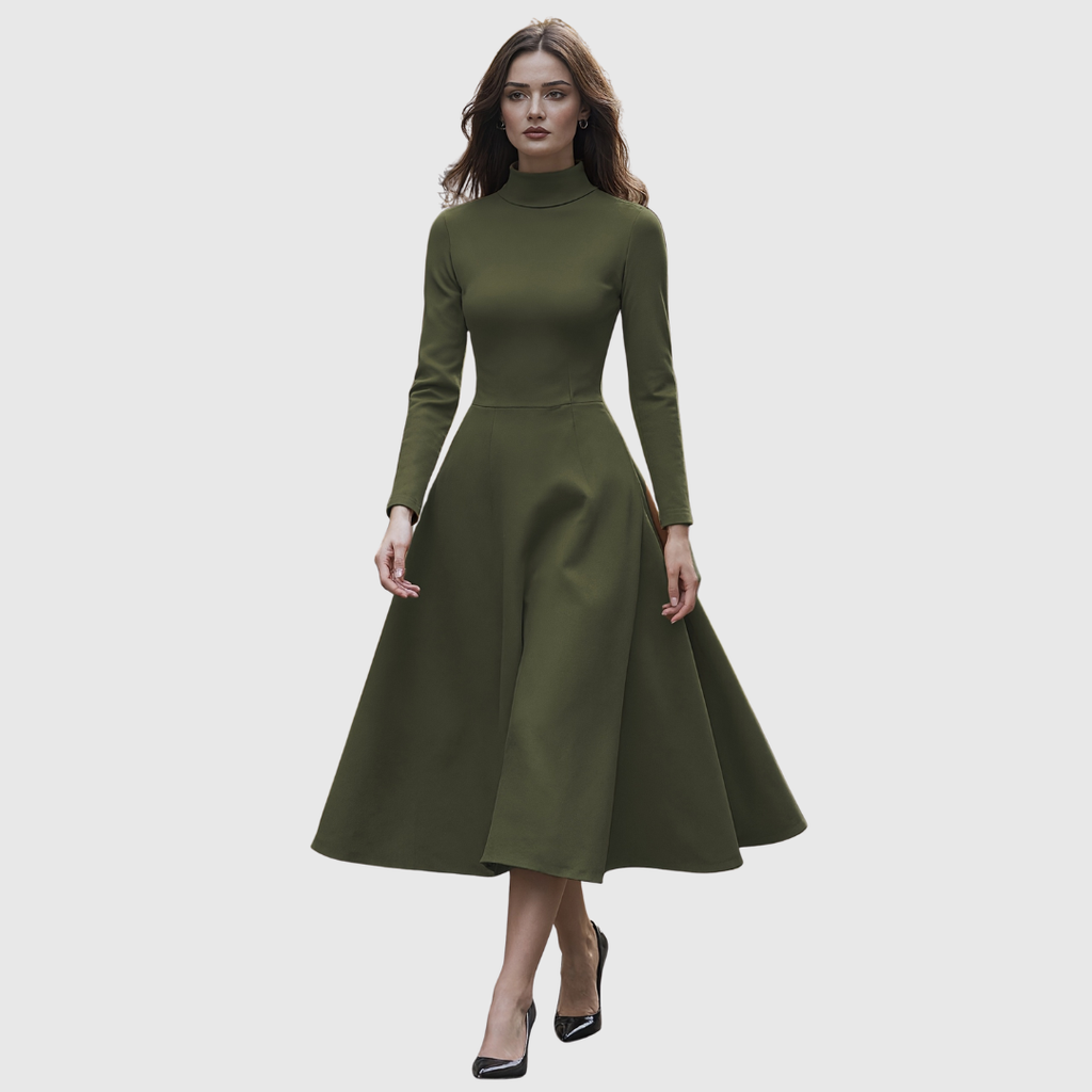 Celia | Vestido Evasé de Cuello Alto y Manga Larga