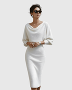 Patricia | Vestido Midi Blanco Drapeado con Manga Murciélago