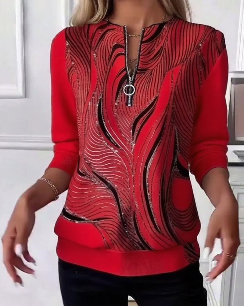 Printed casual zip-up sweater