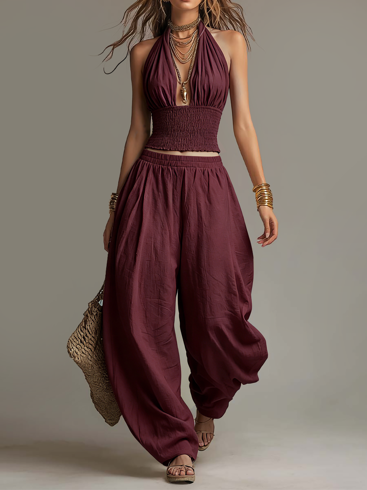 Lucía | Conjunto de Top Halter y Pantalón Ancho de Algodón y Lino