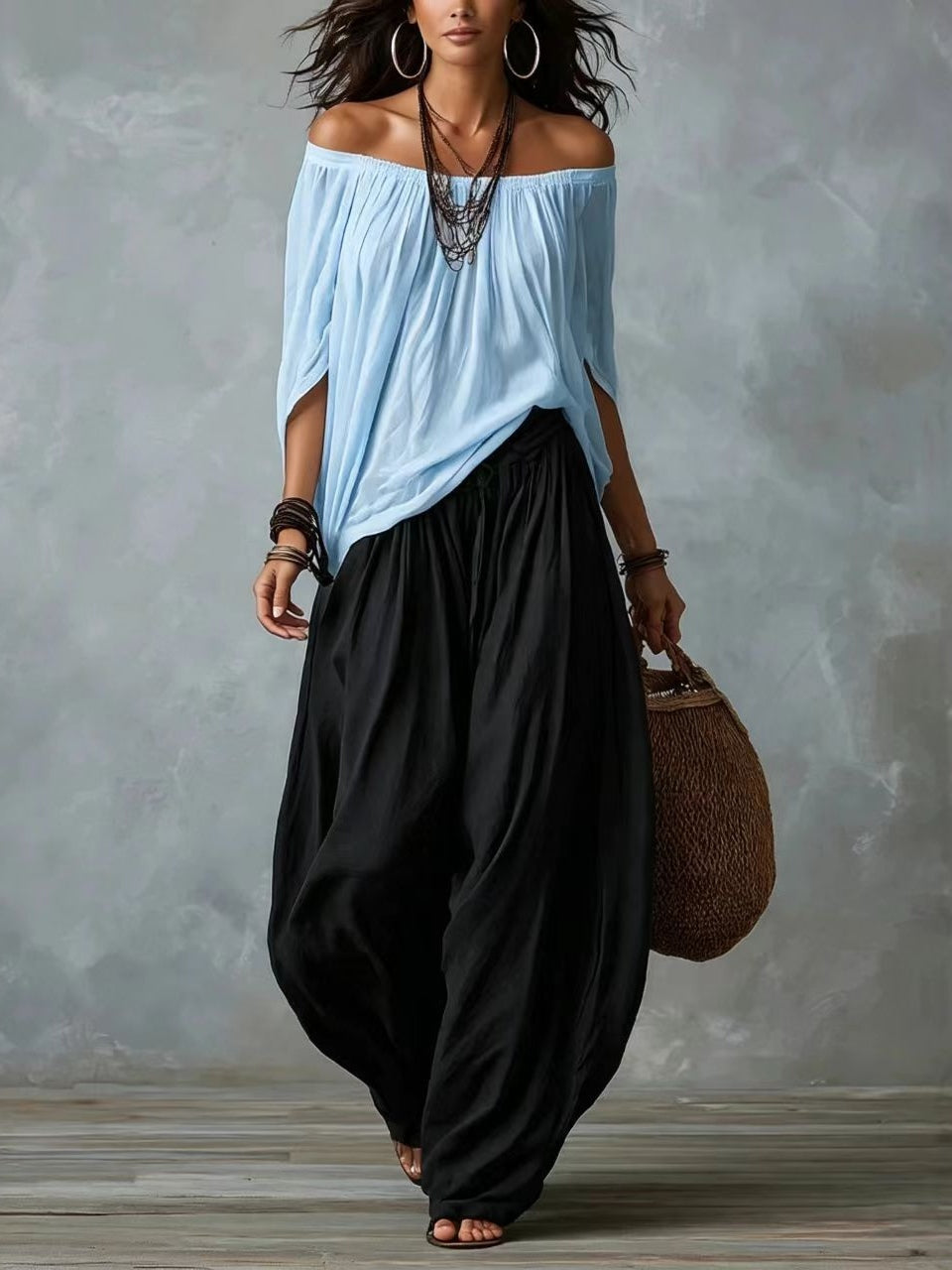 Luisa | Conjunto de Top con Hombros Descubiertos y Pantalón Ancho