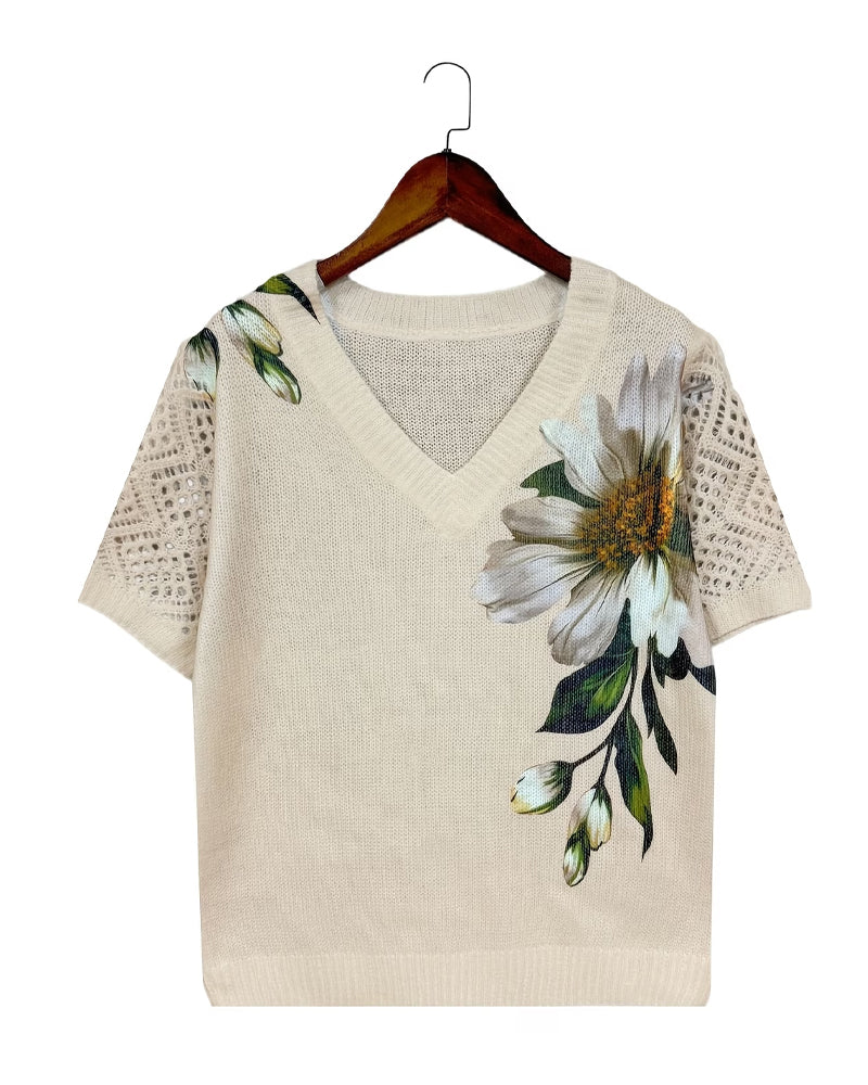 Blusa de punto con cuello en V y estampado floral