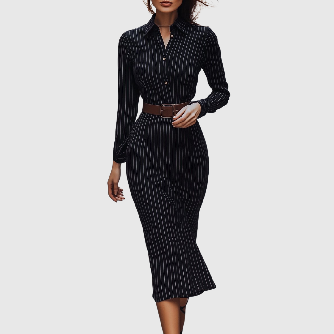 Silvia | Vestido Camisero Negro de Raya Diplomática
