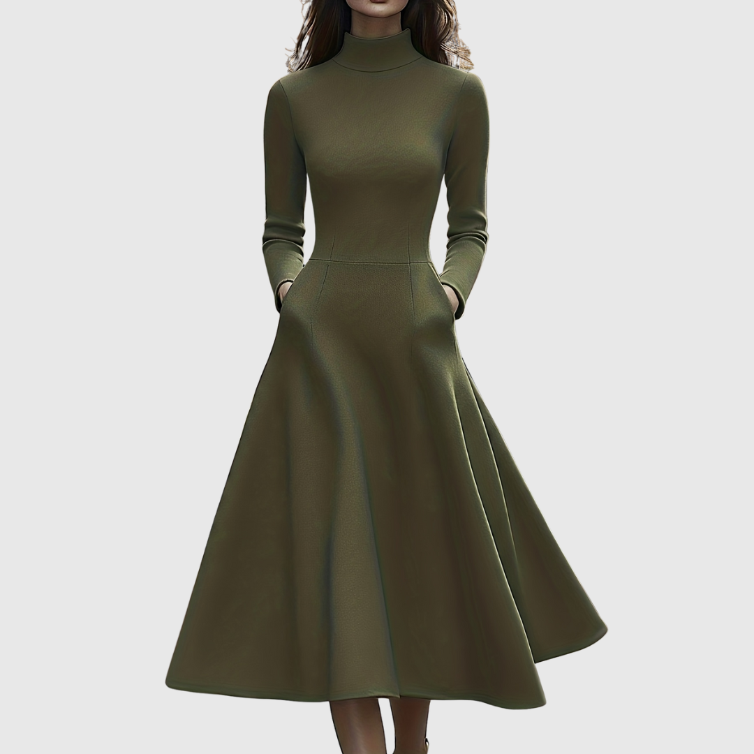 Celia | Vestido Evasé de Cuello Alto y Manga Larga