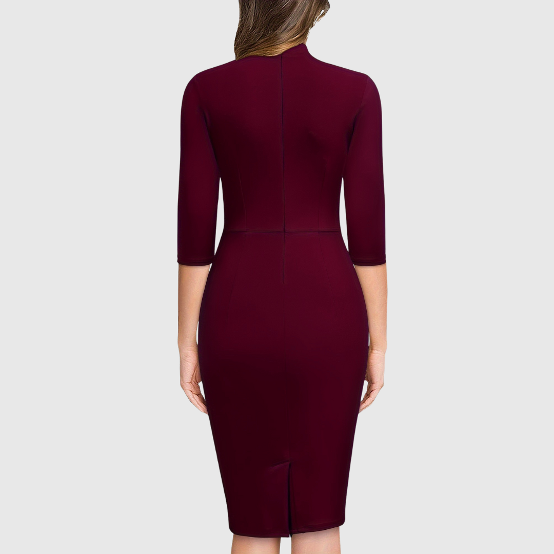 Rocío | Vestido Tubo con Manga Tres Cuartos y Lazo al Cuello