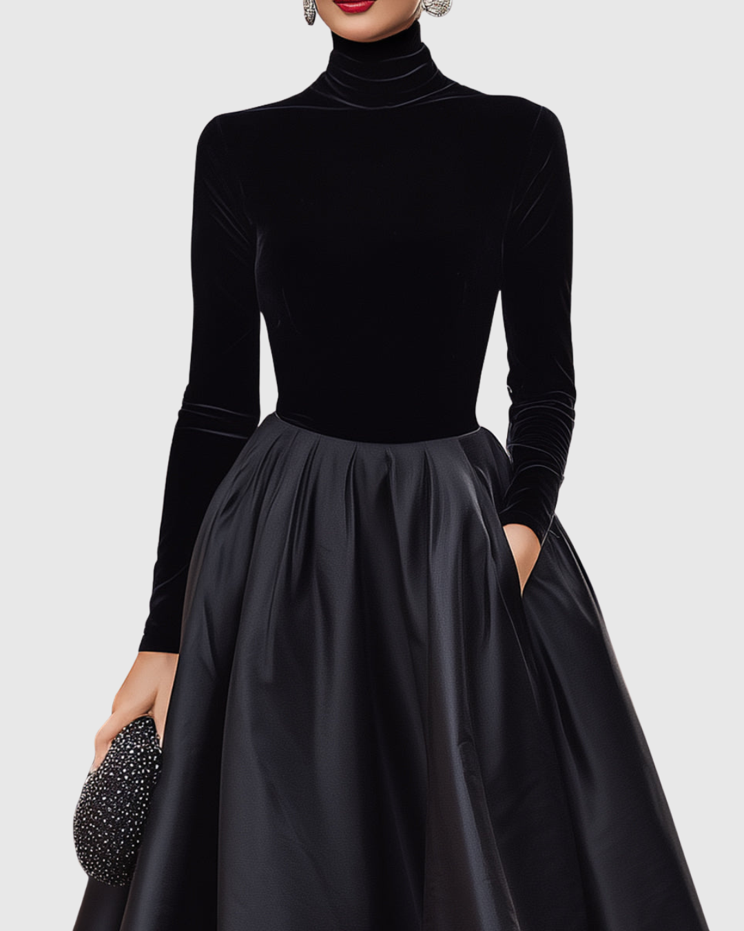 Jimena | Vestido Midi Elegante de Terciopelo y Satén Negro