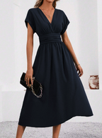 Raquel | Vestido Midi con Escote en V y Cintura Plisada