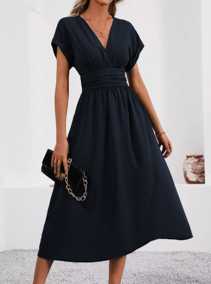 Raquel | Vestido Midi con Escote en V y Cintura Plisada