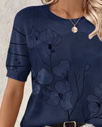 Short-sleeve crew neck printed blouse