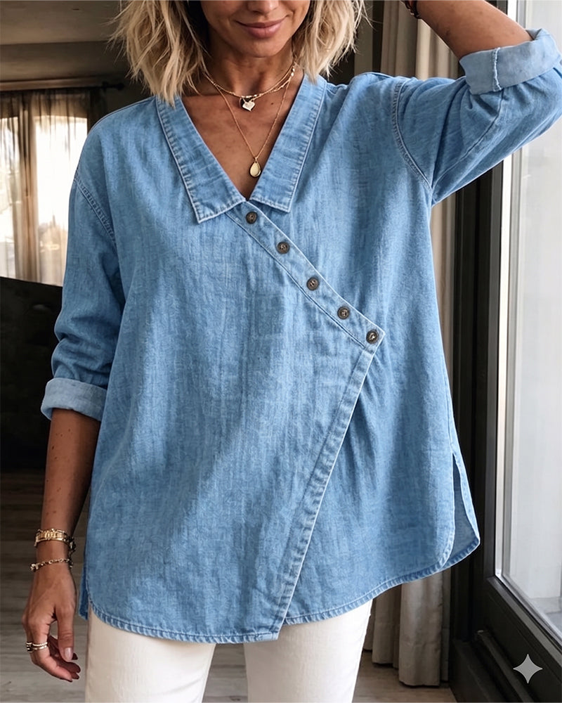 Blusa lisa de manga larga con cuello y botones diagonales
