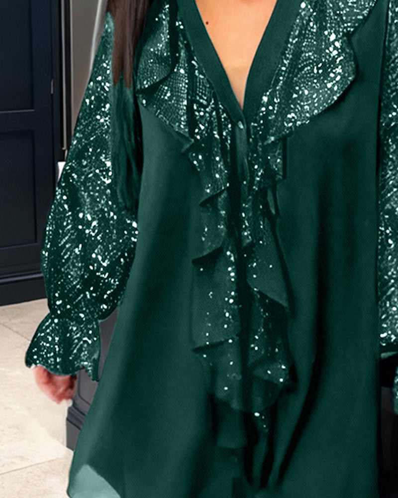 Plain loose-fit blouse with ruffles