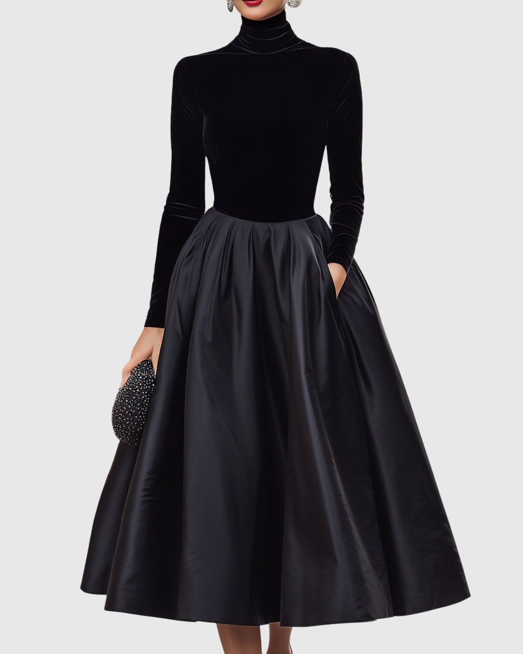 Jimena | Vestido Midi Elegante de Terciopelo y Satén Negro
