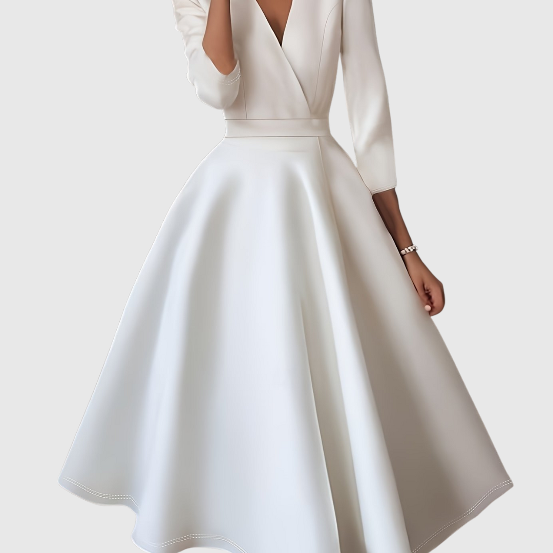 Blanca | Vestido Midi Entallado de Talle Alto con Detalles Románticos
