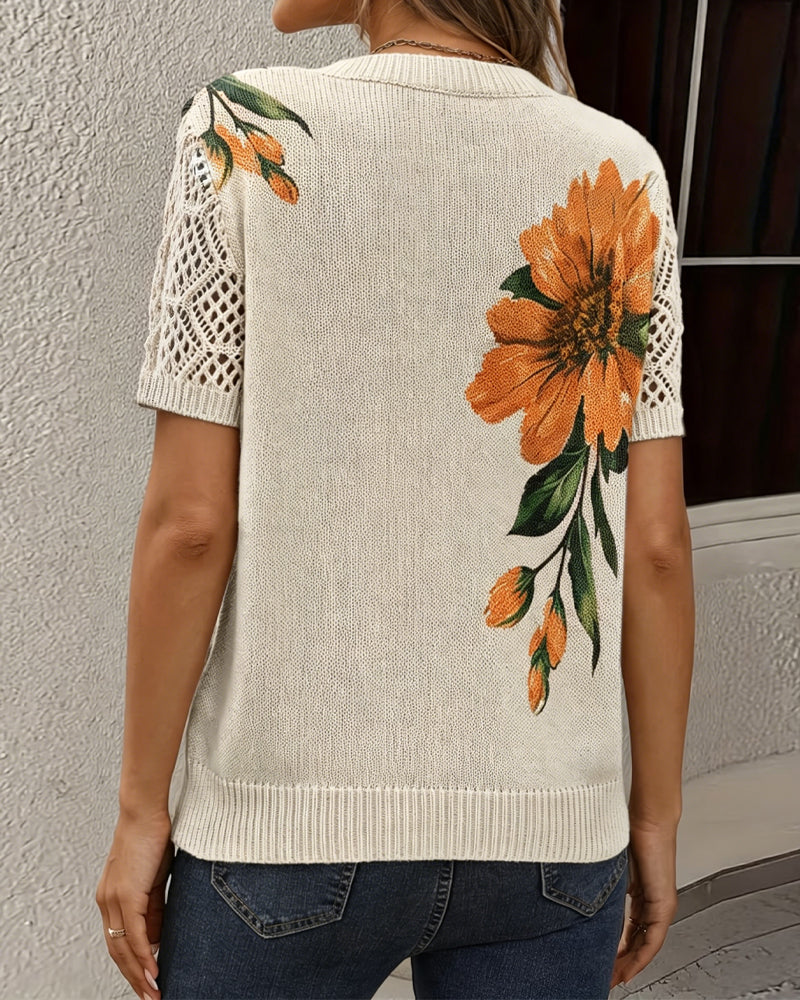 V-neck floral print knit blouse