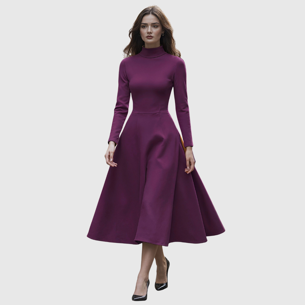 Celia | Vestido Evasé de Cuello Alto y Manga Larga
