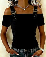 Blusa casual lisa con hombros descubiertos y hebilla deslizante