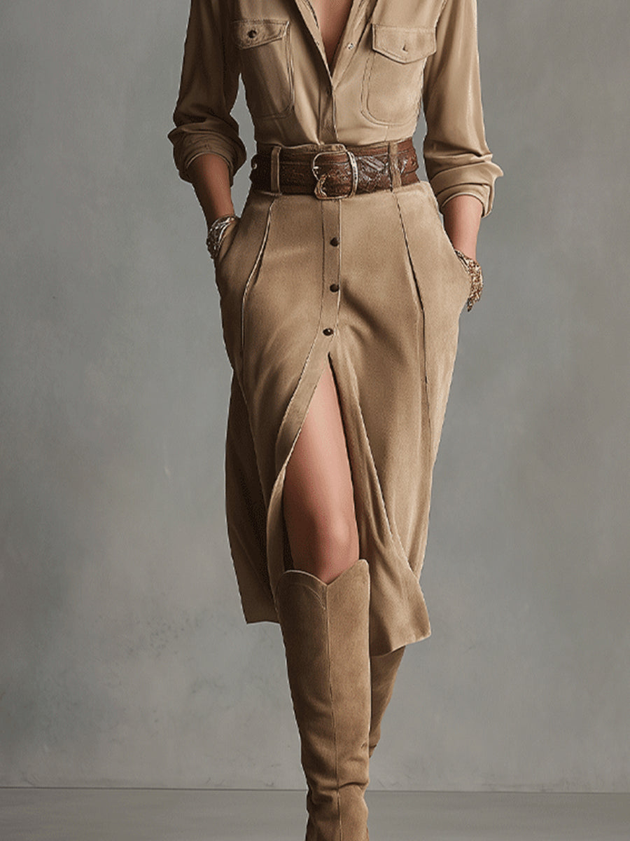 Azucena | Vestido Midi de Ante Marrón