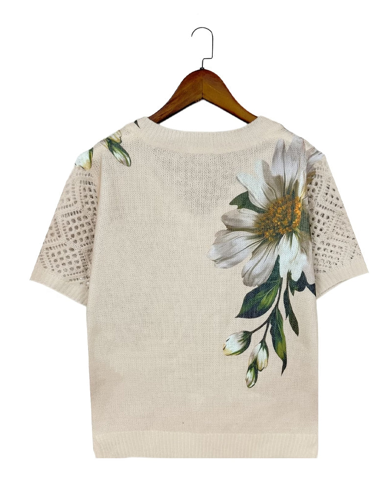 V-neck floral print knit blouse