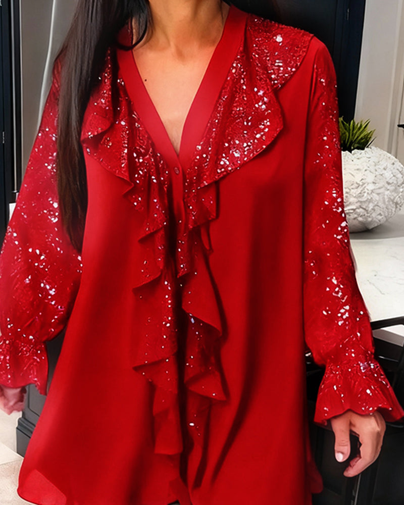 Plain loose-fit blouse with ruffles