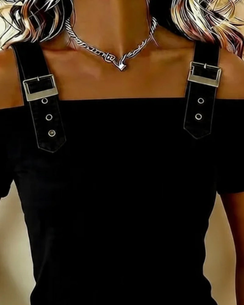 Blusa casual lisa con hombros descubiertos y hebilla deslizante