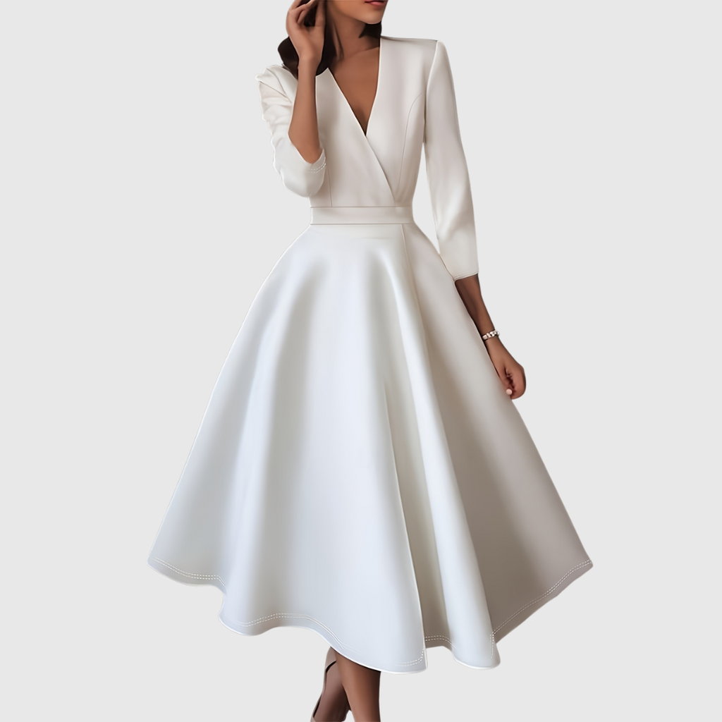 Blanca | Vestido Midi Entallado de Talle Alto con Detalles Románticos