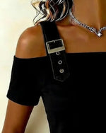 Blusa casual lisa con hombros descubiertos y hebilla deslizante