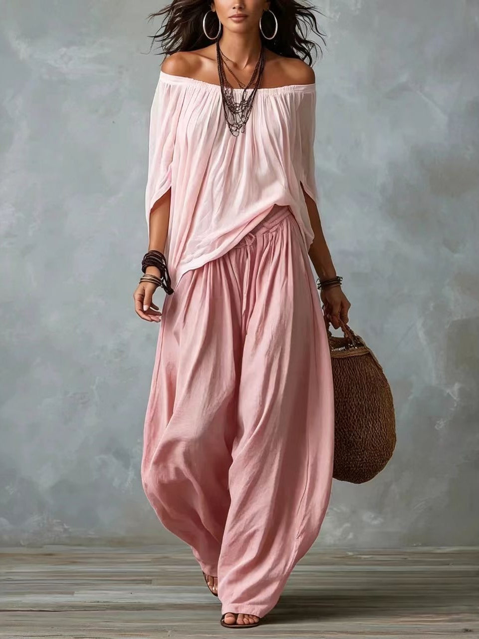 Luisa | Conjunto de Top con Hombros Descubiertos y Pantalón Ancho