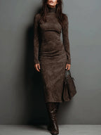 Serafina | Vestido Midi de Ante con Cuello Alto y Manga Larga