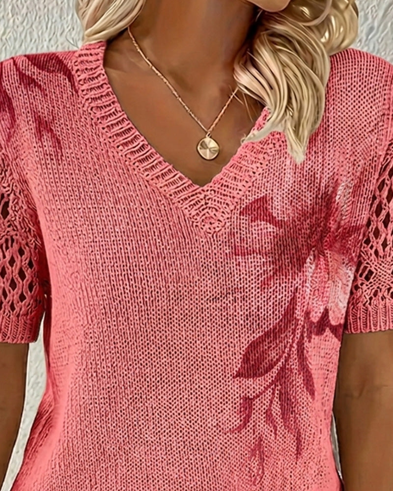 Blusa de punto con cuello en V y estampado floral