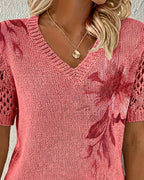 V-neck floral print knit blouse