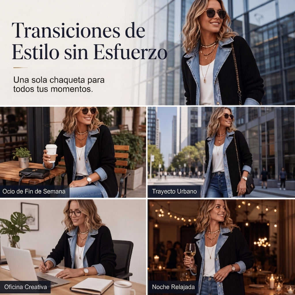 Women's ribbed knit jacket with denim panels