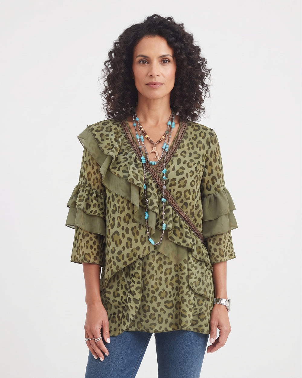 V-neck blouse with leopard print ruffle