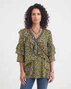 V-neck blouse with leopard print ruffle