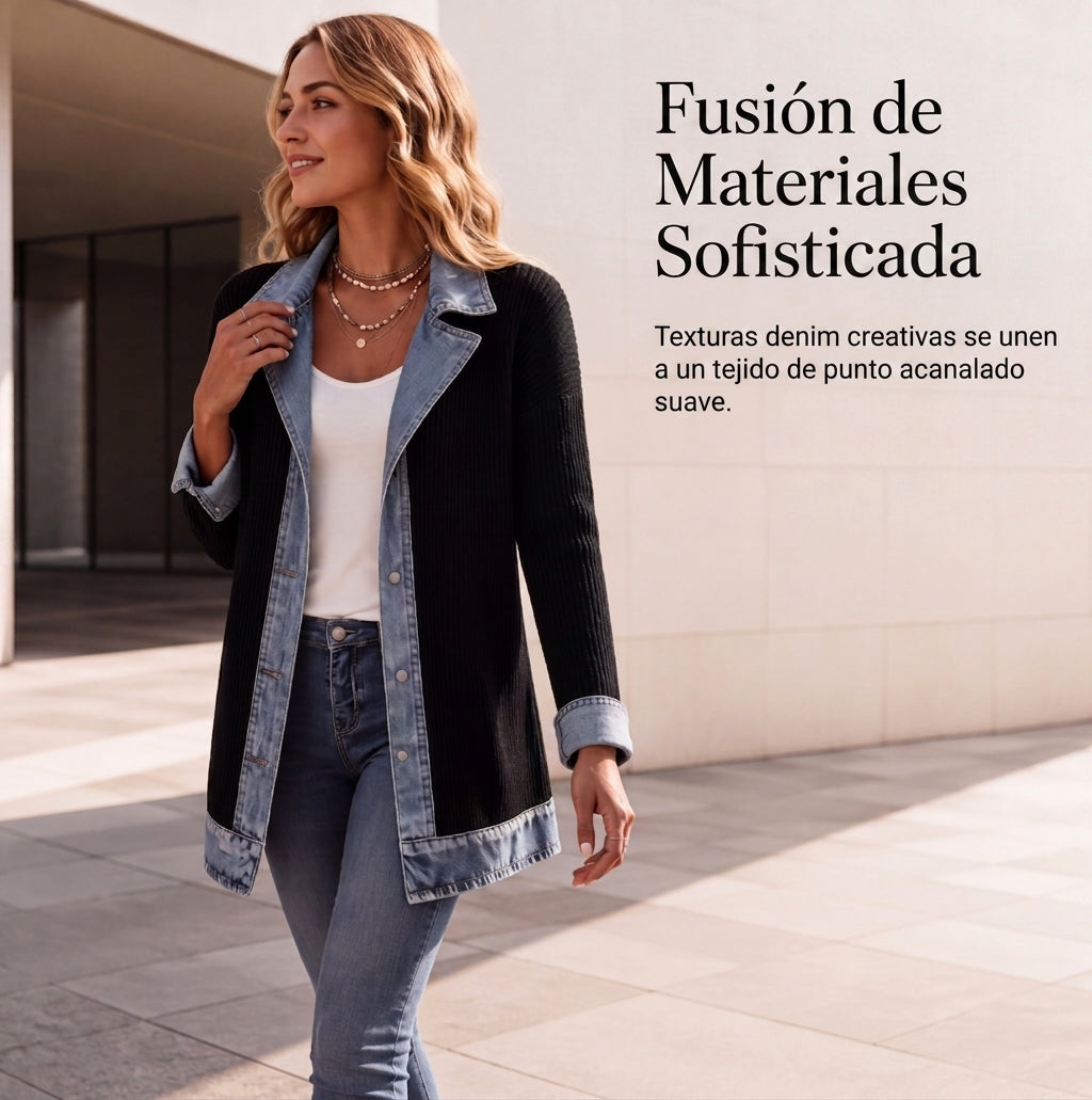 Women's ribbed knit jacket with denim panels