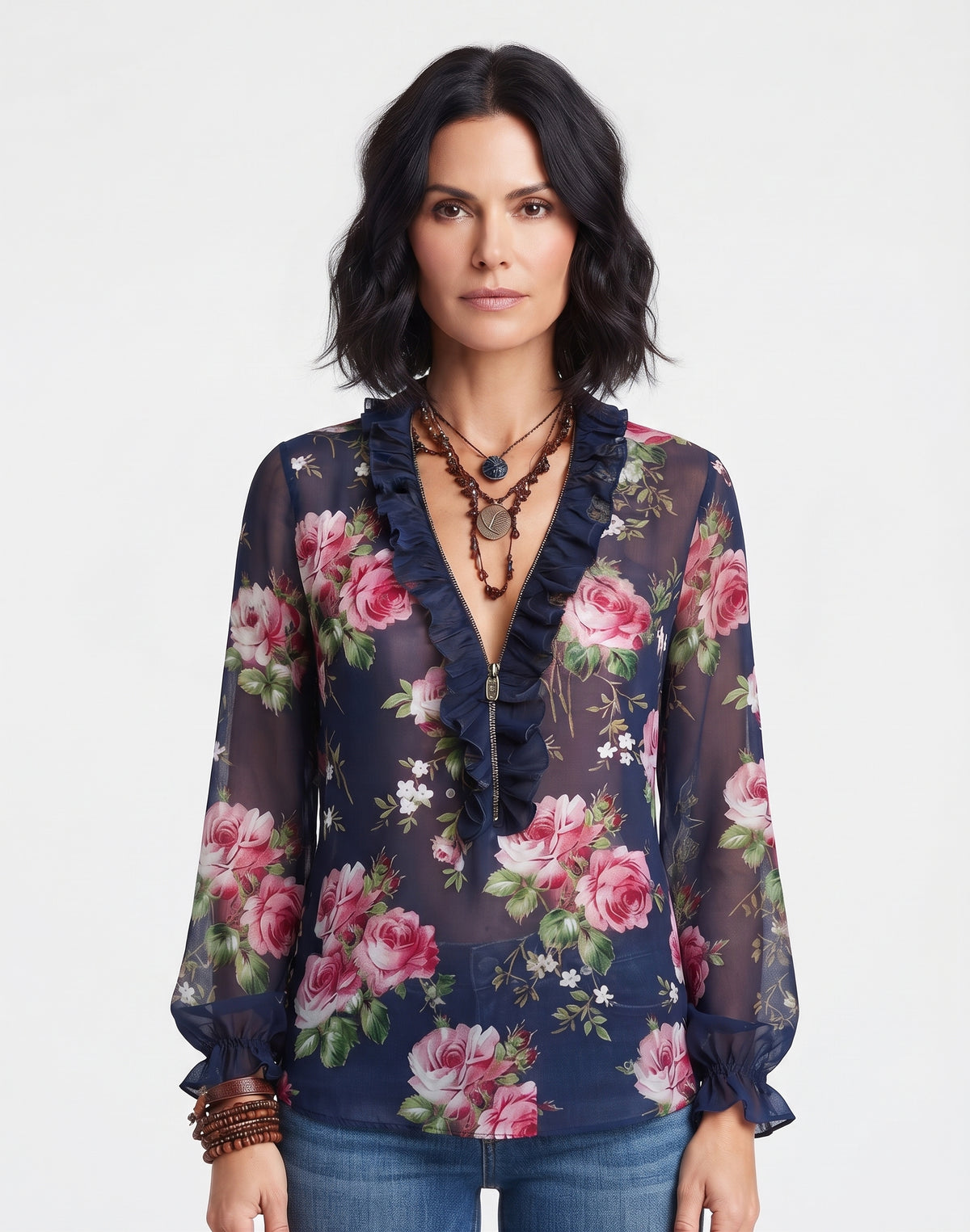 Blusa con volante en el dobladillo, media cremallera y estampado floral