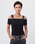 Solid off-the-shoulder casual blouse with slide buckle