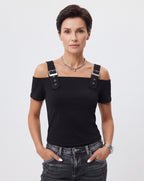Solid off-the-shoulder casual blouse with slide buckle