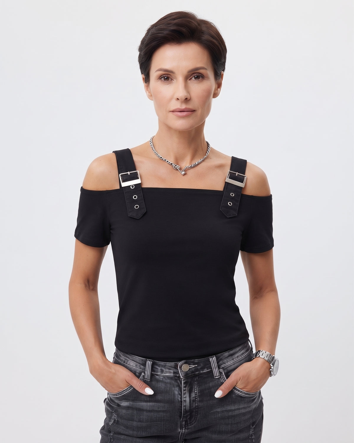 Blusa casual lisa con hombros descubiertos y hebilla deslizante