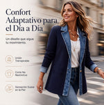 Chaqueta de punto acanalado con paneles de denim para mujer